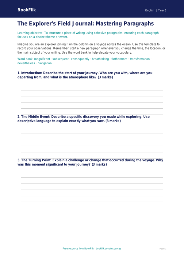 Free Paragraphs Template | Year 5 Greater Depth | BookFlik worksheet preview — English Paragraphs