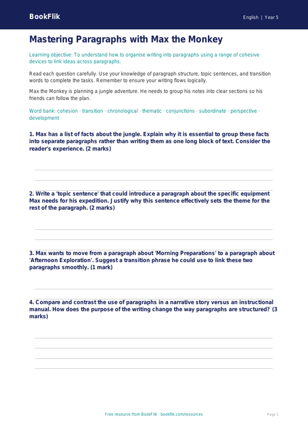 Free Paragraphs Worksheet | Year 5 Greater Depth | BookFlik worksheet preview — English Paragraphs