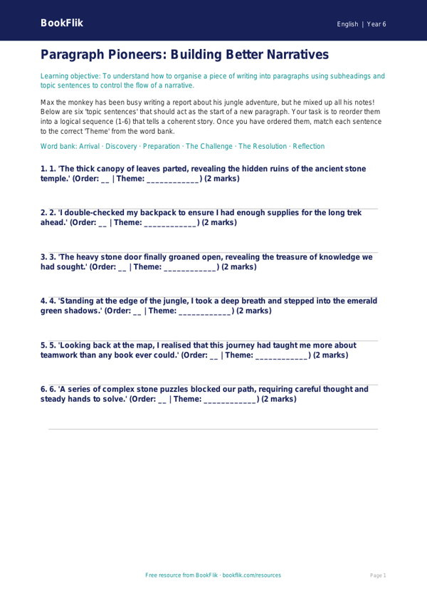 Free Paragraphs Activity Sheet | Year 6 Core | BookFlik worksheet preview — English Paragraphs