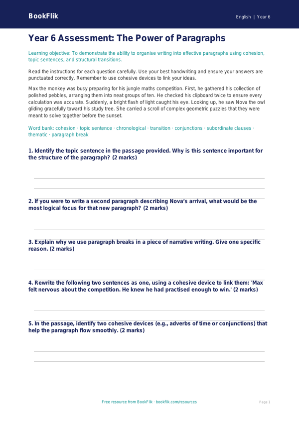Free Paragraphs Assessment | Year 6 Core | BookFlik worksheet preview — English Paragraphs