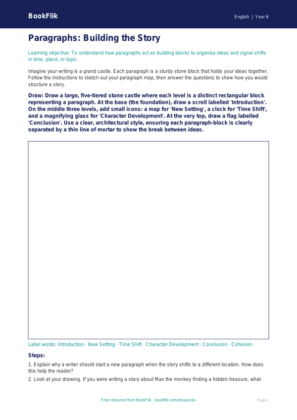 Free Paragraphs Drawing Sheet | Year 6 Core | BookFlik worksheet preview — English Paragraphs