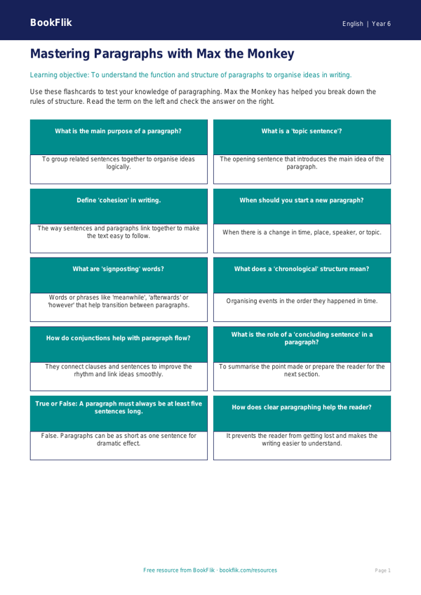 Free Paragraphs Flashcards | Year 6 Core | BookFlik worksheet preview — English Paragraphs