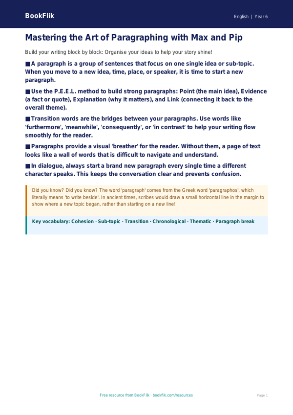 Free Paragraphs Poster | Year 6 Core | BookFlik worksheet preview — English Paragraphs