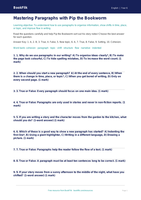 Free Paragraphs Quiz | Year 6 Core | BookFlik worksheet preview — English Paragraphs