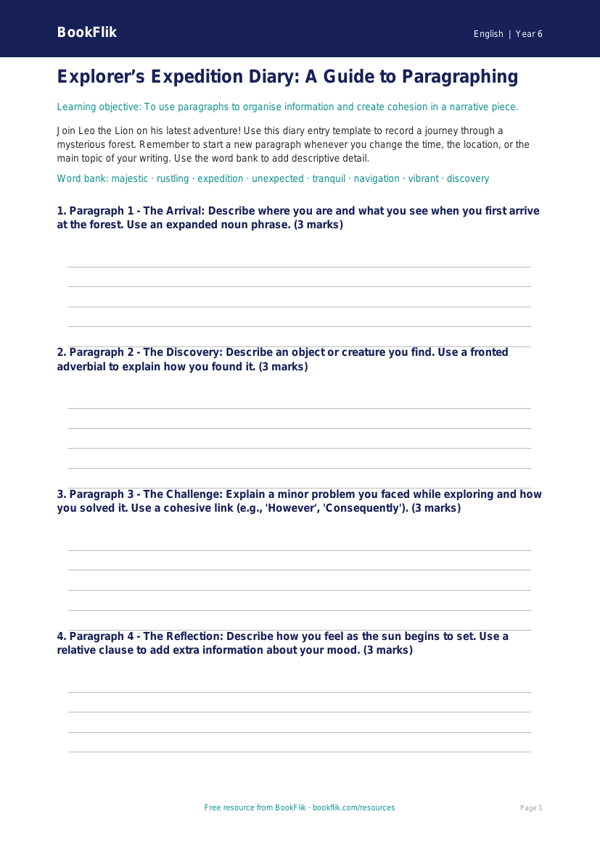 Free Paragraphs Template | Year 6 Core | BookFlik worksheet preview — English Paragraphs
