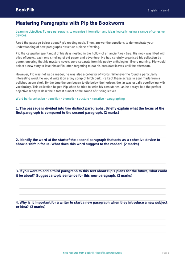 Free Paragraphs Track Sheet | Year 6 Core | BookFlik worksheet preview — English Paragraphs