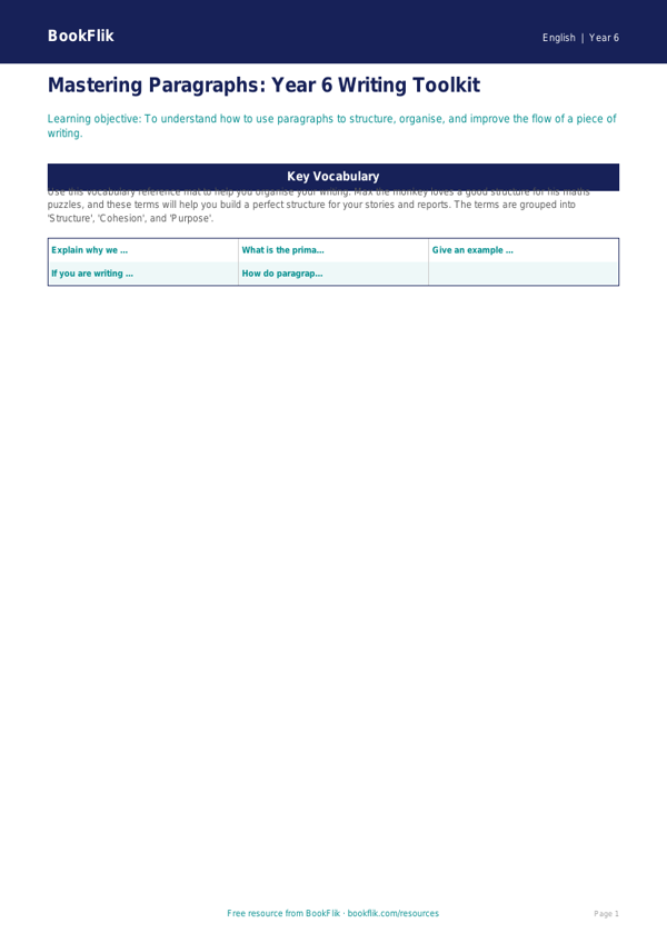 Free Paragraphs Word Mat | Year 6 Core | BookFlik worksheet preview — English Paragraphs