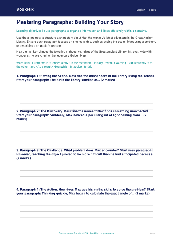 Free Paragraphs Writing Frame | Year 6 Core | BookFlik worksheet preview — English Paragraphs