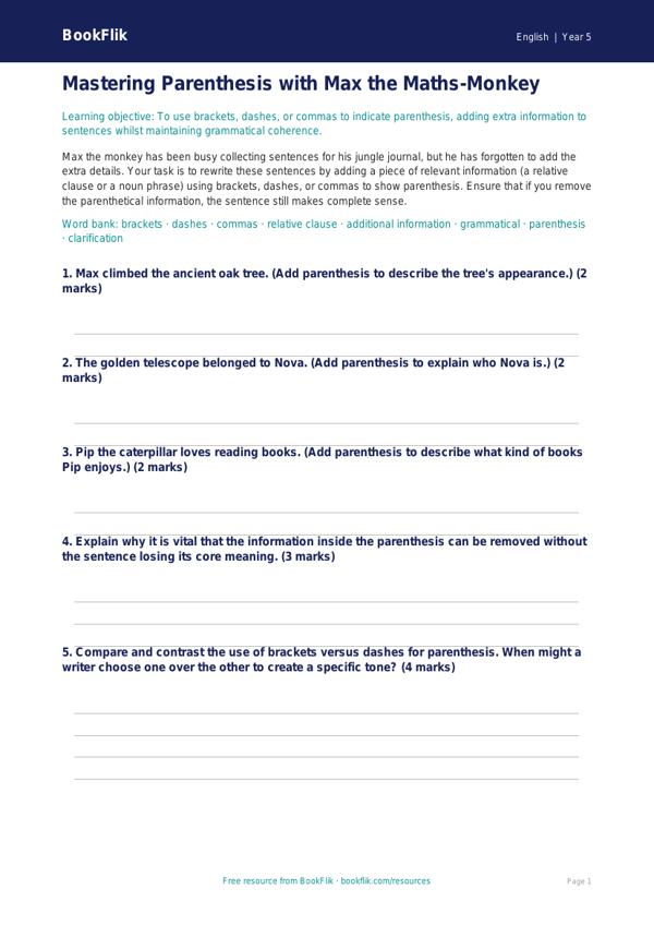 Free Parenthesis Activity Sheet | Year 5 Greater Depth | BookFlik worksheet preview — English Parenthesis