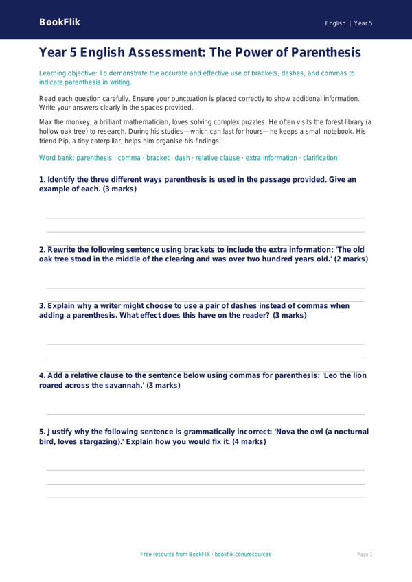 Free Parenthesis Assessment | Year 5 Greater Depth | BookFlik worksheet preview — English Parenthesis