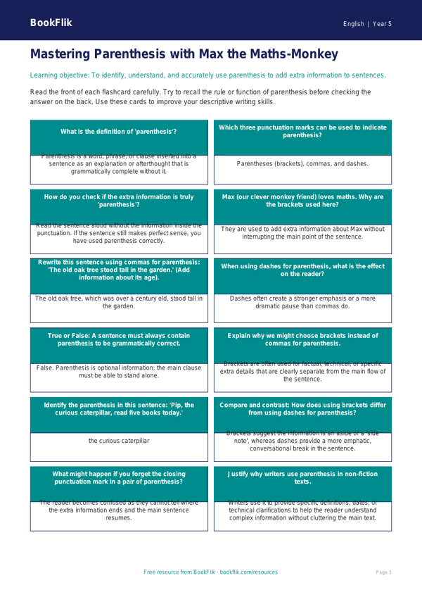 Free Parenthesis Flashcards | Year 5 Greater Depth | BookFlik worksheet preview — English Parenthesis