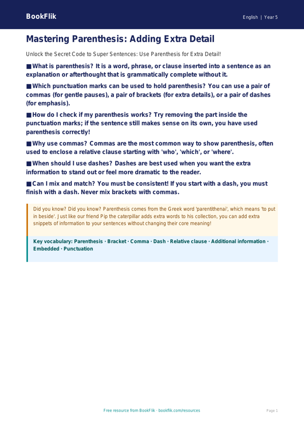 Free Parenthesis Poster | Year 5 Greater Depth | BookFlik worksheet preview — English Parenthesis