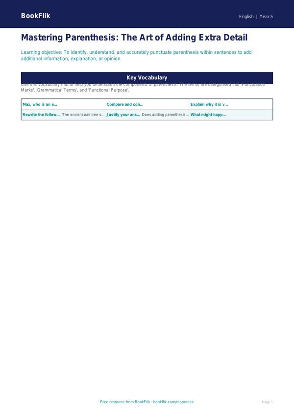 Free Parenthesis Word Mat | Year 5 Greater Depth | BookFlik worksheet preview — English Parenthesis