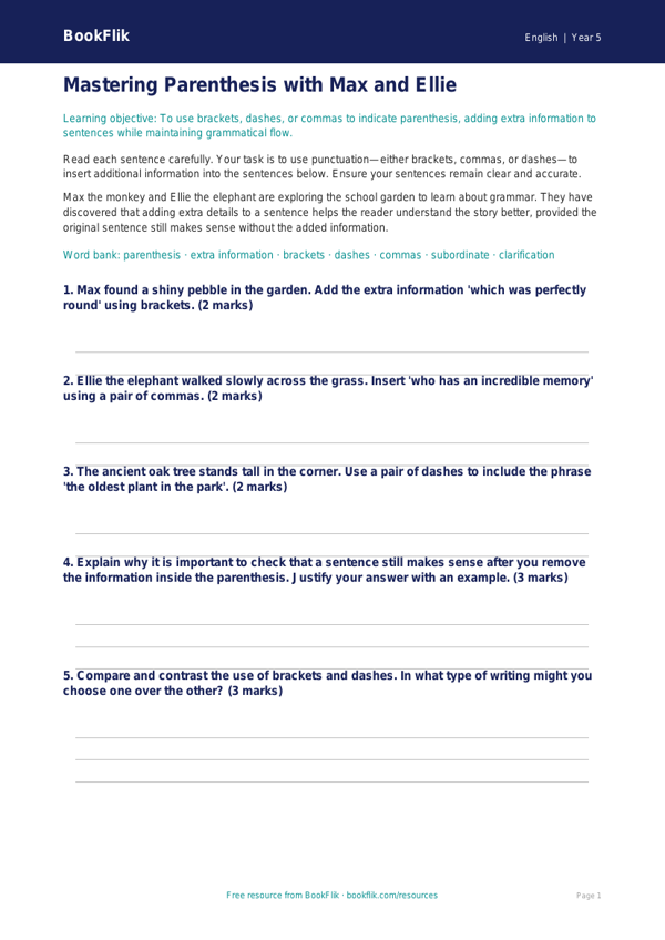 Free Parenthesis Worksheet | Year 5 Greater Depth | BookFlik worksheet preview — English Parenthesis