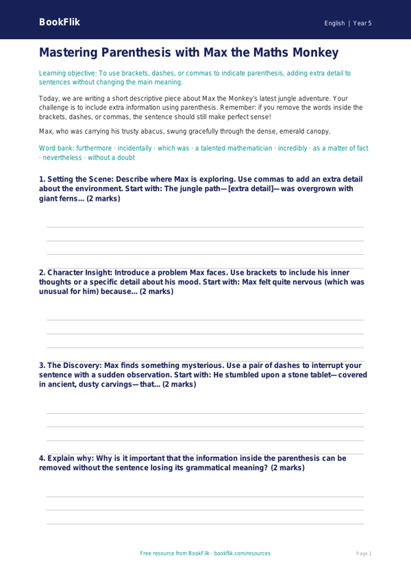Free Parenthesis Writing Frame | Year 5 Greater Depth | BookFlik worksheet preview — English Parenthesis