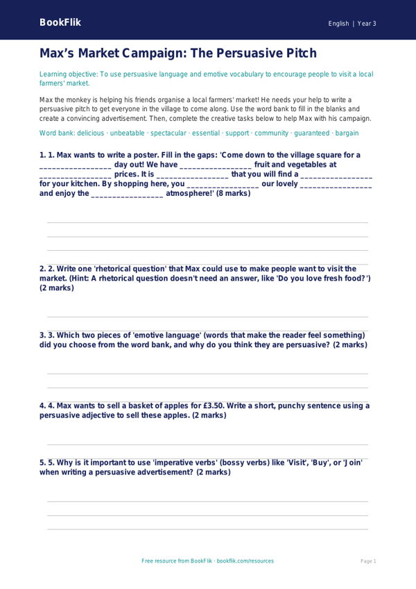 Free Persuasive Writing Activity Sheet | Year 3 Core | BookFlik worksheet preview — English Persuasive Writing
