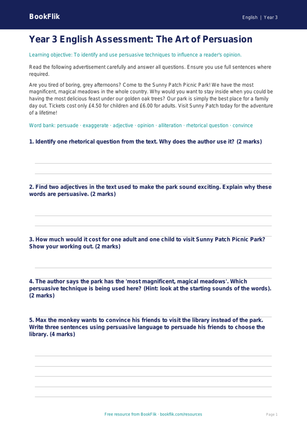 Free Persuasive Writing Assessment | Year 3 Core | BookFlik worksheet preview — English Persuasive Writing
