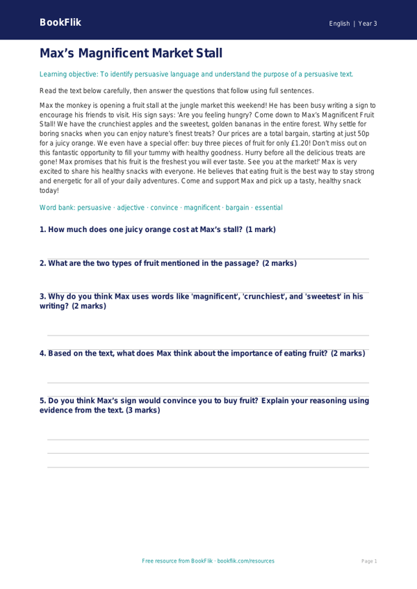 Free Persuasive Writing Comprehension | Year 3 Core | BookFlik worksheet preview — English Persuasive Writing