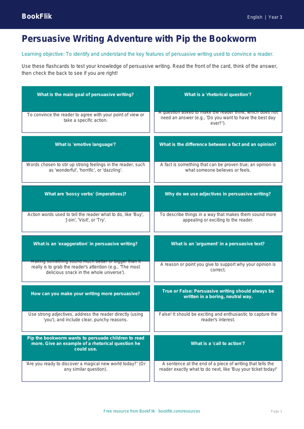 Free Persuasive Writing Flashcards | Year 3 Core | BookFlik worksheet preview — English Persuasive Writing