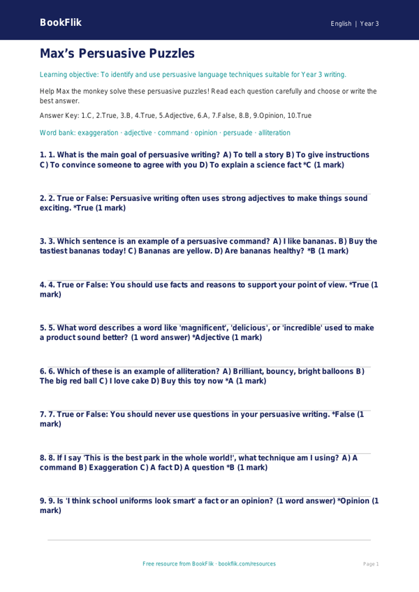 Free Persuasive Writing Quiz | Year 3 Core | BookFlik worksheet preview — English Persuasive Writing