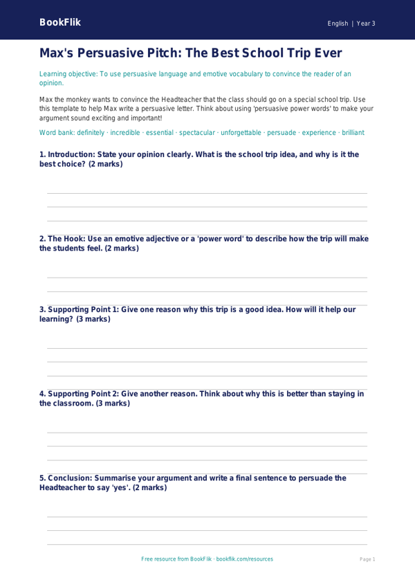 Free Persuasive Writing Template | Year 3 Core | BookFlik worksheet preview — English Persuasive Writing