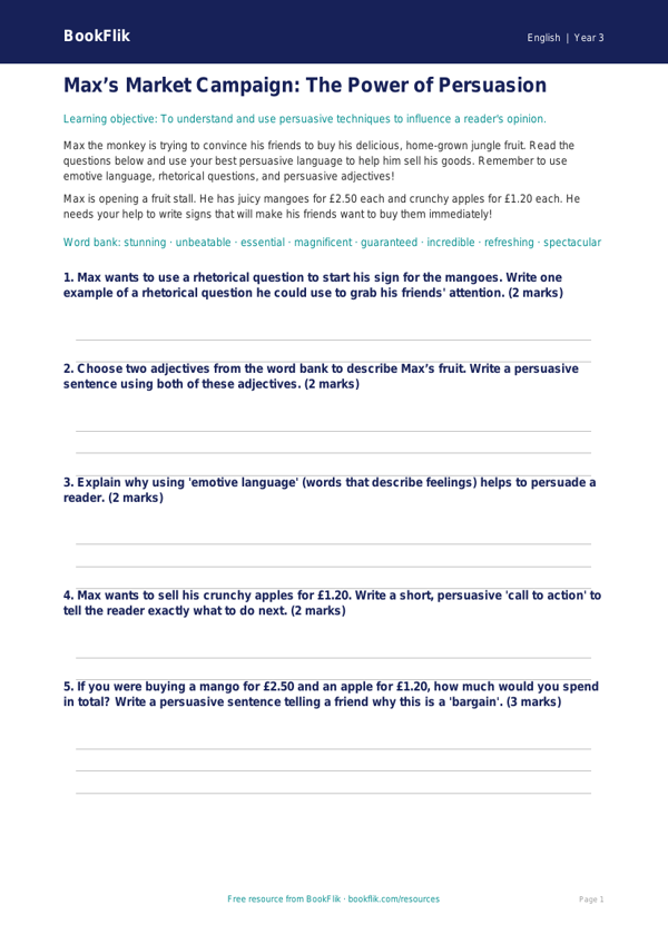 Free Persuasive Writing Worksheet | Year 3 Core | BookFlik worksheet preview — English Persuasive Writing