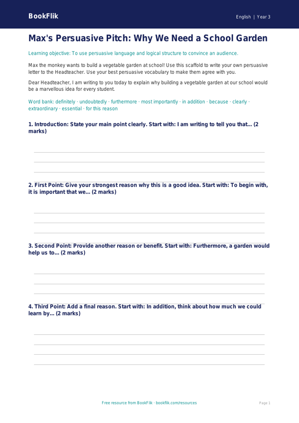 Free Persuasive Writing Frame | Year 3 Core | BookFlik worksheet preview — English Persuasive Writing