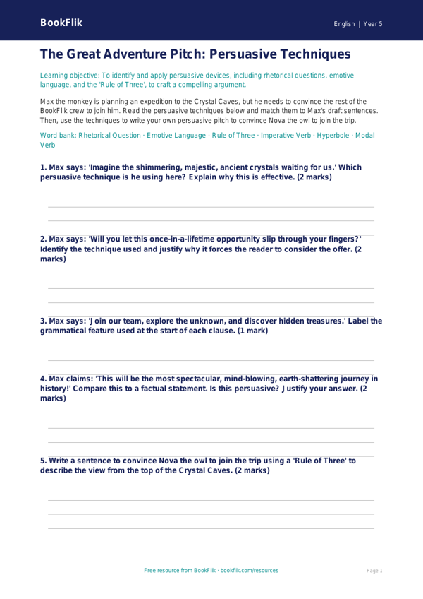 Free Persuasive Writing Activity Sheet | Year 5 Greater Depth | BookFlik worksheet preview — English Persuasive Writing