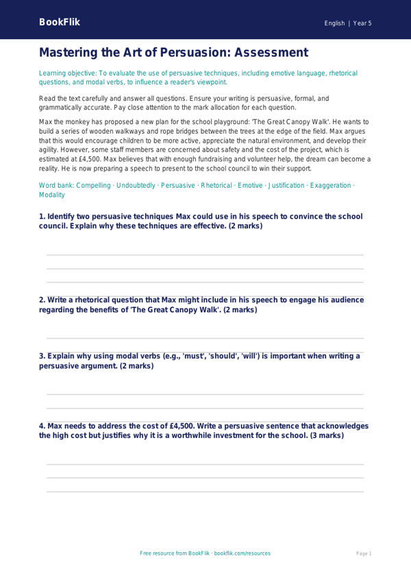 Free Persuasive Writing Assessment | Year 5 Greater Depth | BookFlik worksheet preview — English Persuasive Writing
