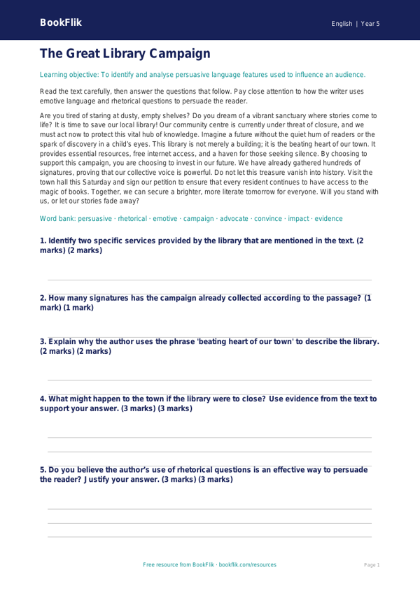 Free Persuasive Writing Comprehension | Year 5 Greater Depth | BookFlik worksheet preview — English Persuasive Writing