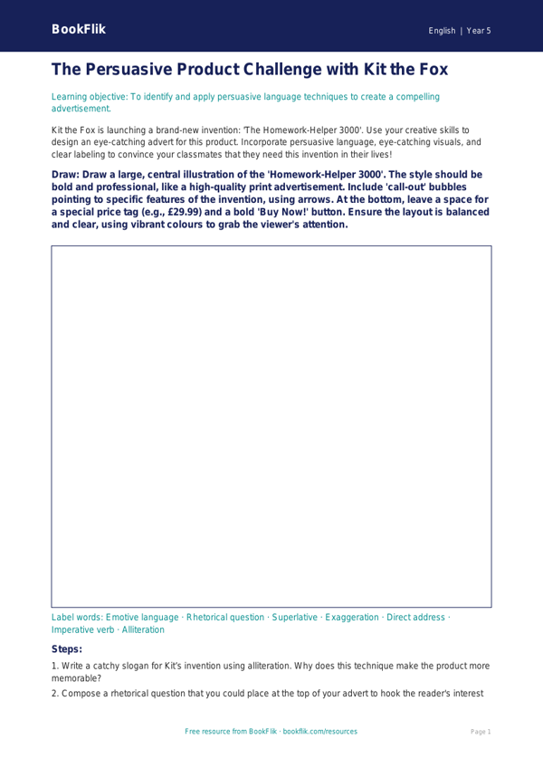 Free Persuasive Writing Drawing Sheet | Year 5 Greater Depth | BookFlik worksheet preview — English Persuasive Writing