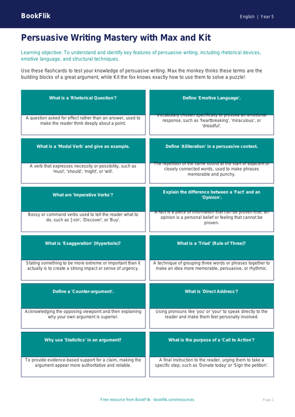 Free Persuasive Writing Flashcards | Year 5 Greater Depth | BookFlik worksheet preview — English Persuasive Writing