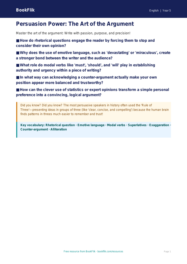 Free Persuasive Writing Poster | Year 5 Greater Depth | BookFlik worksheet preview — English Persuasive Writing