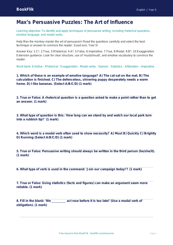 Free Persuasive Writing Quiz | Year 5 Greater Depth | BookFlik worksheet preview — English Persuasive Writing