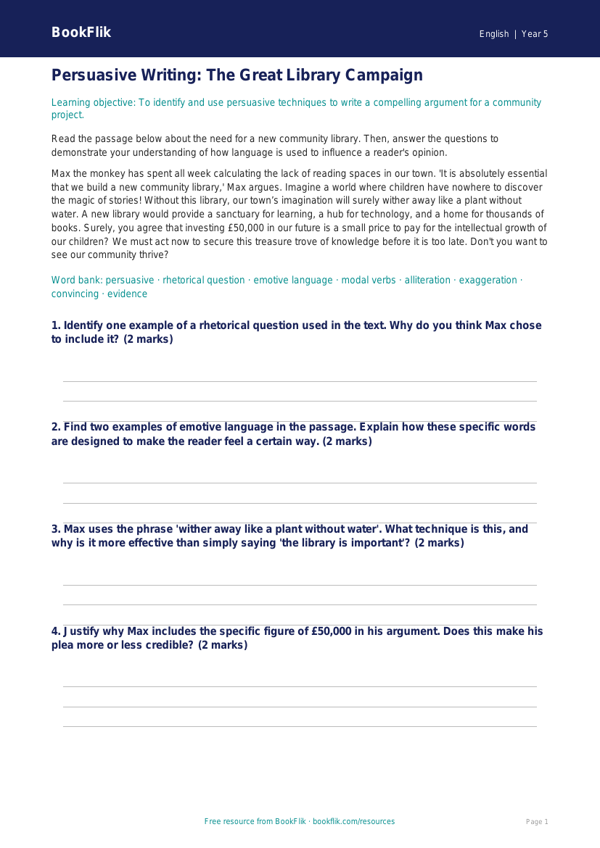 Free Persuasive Writing Track Sheet | Year 5 Greater Depth | BookFlik worksheet preview — English Persuasive Writing