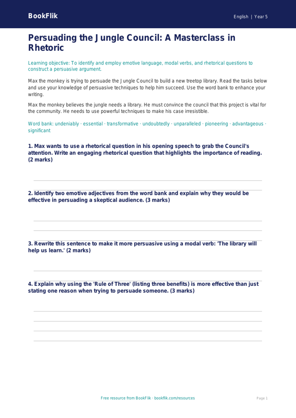 Free Persuasive Writing Worksheet | Year 5 Greater Depth | BookFlik worksheet preview — English Persuasive Writing