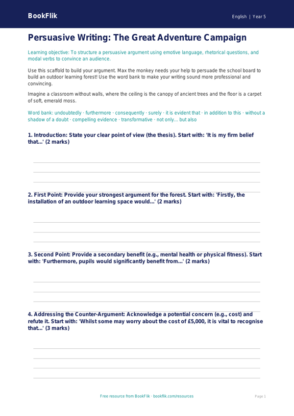 Free Persuasive Writing Frame | Year 5 Greater Depth | BookFlik worksheet preview — English Persuasive Writing
