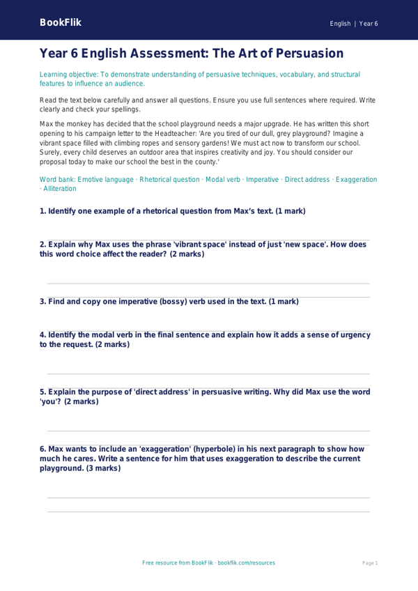 Free Persuasive Writing Assessment | Year 6 Core | BookFlik worksheet preview — English Persuasive Writing