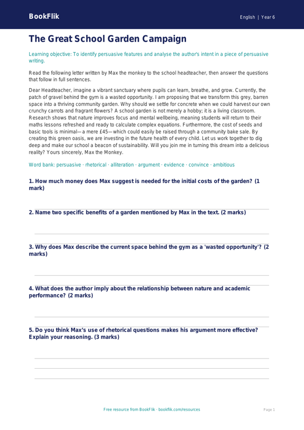Free Persuasive Writing Comprehension | Year 6 Core | BookFlik worksheet preview — English Persuasive Writing