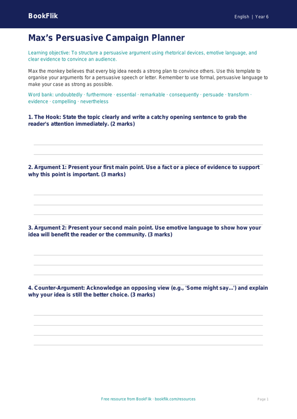 Free Persuasive Writing Template | Year 6 Core | BookFlik worksheet preview — English Persuasive Writing