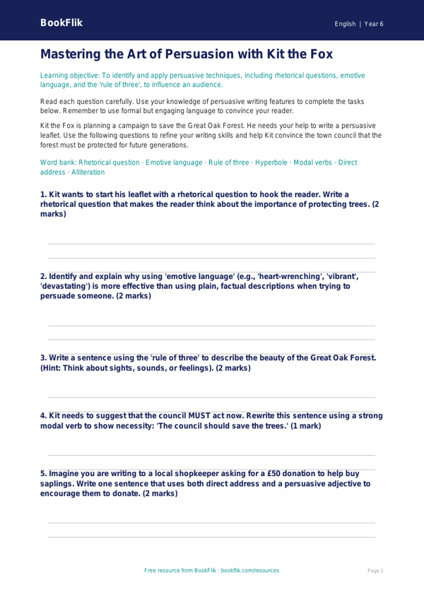 Free Persuasive Writing Worksheet | Year 6 Core | BookFlik worksheet preview — English Persuasive Writing