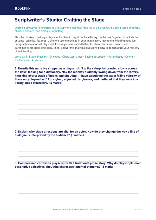 Free Playscripts Activity Sheet | Year 5 Greater Depth | BookFlik worksheet preview — English Playscripts