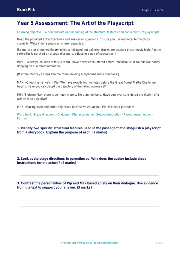 Free Playscripts Assessment | Year 5 Greater Depth | BookFlik worksheet preview — English Playscripts