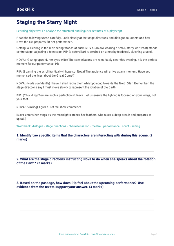 Free Playscripts Comprehension | Year 5 Greater Depth | BookFlik worksheet preview — English Playscripts