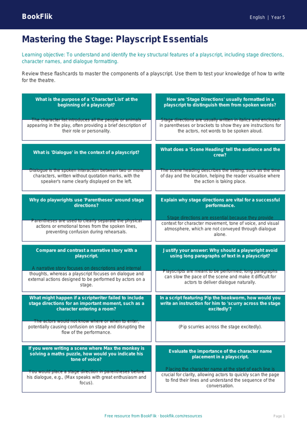 Free Playscripts Flashcards | Year 5 Greater Depth | BookFlik worksheet preview — English Playscripts