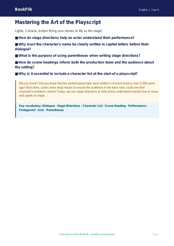 Free Playscripts Poster | Year 5 Greater Depth | BookFlik worksheet preview — English Playscripts