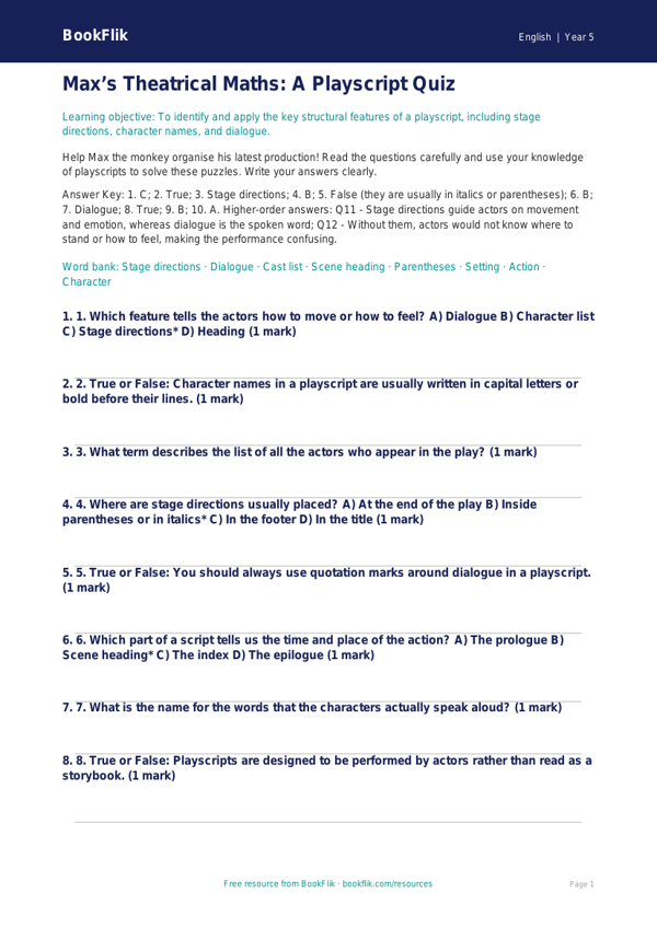 Free Playscripts Quiz | Year 5 Greater Depth | BookFlik worksheet preview — English Playscripts