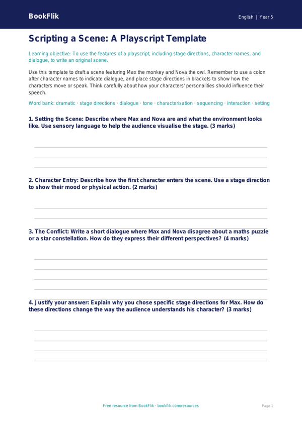 Free Playscripts Template | Year 5 Greater Depth | BookFlik worksheet preview — English Playscripts