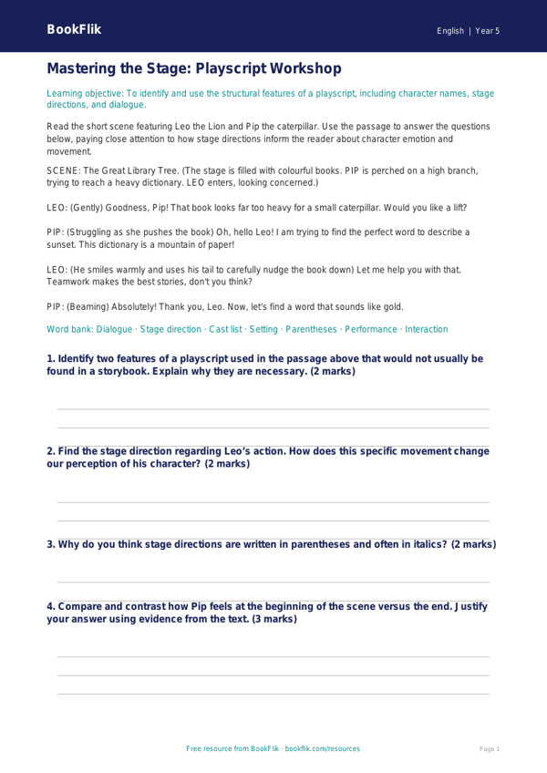 Free Playscripts Track Sheet | Year 5 Greater Depth | BookFlik worksheet preview — English Playscripts