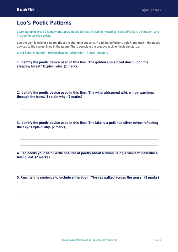 Free Poetry Activity Sheet | Year 6 Core | BookFlik worksheet preview — English Poetry